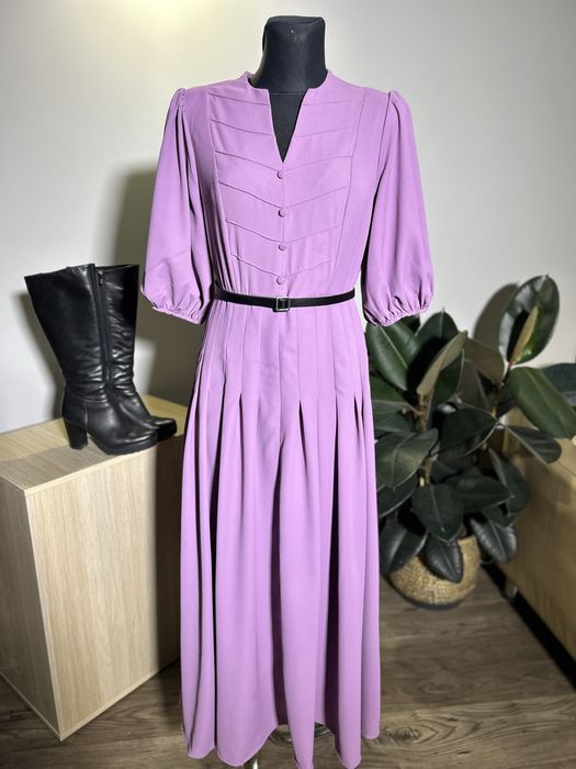 Sukienka vintage maxi liliowa retro elegancka L plisowana guziki boho