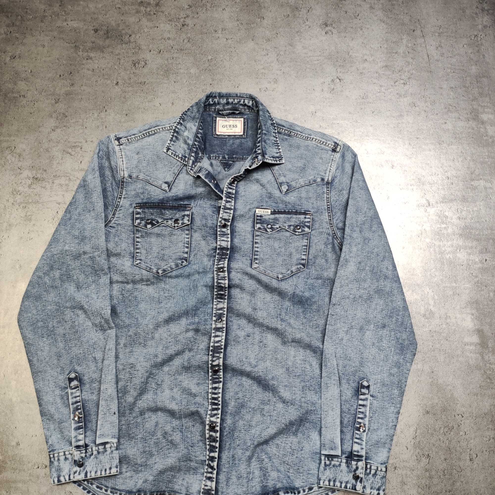 MĘSKA Koszula Elegancka PREMIUM Denim Jeans Guess USA Kieszenie Logo