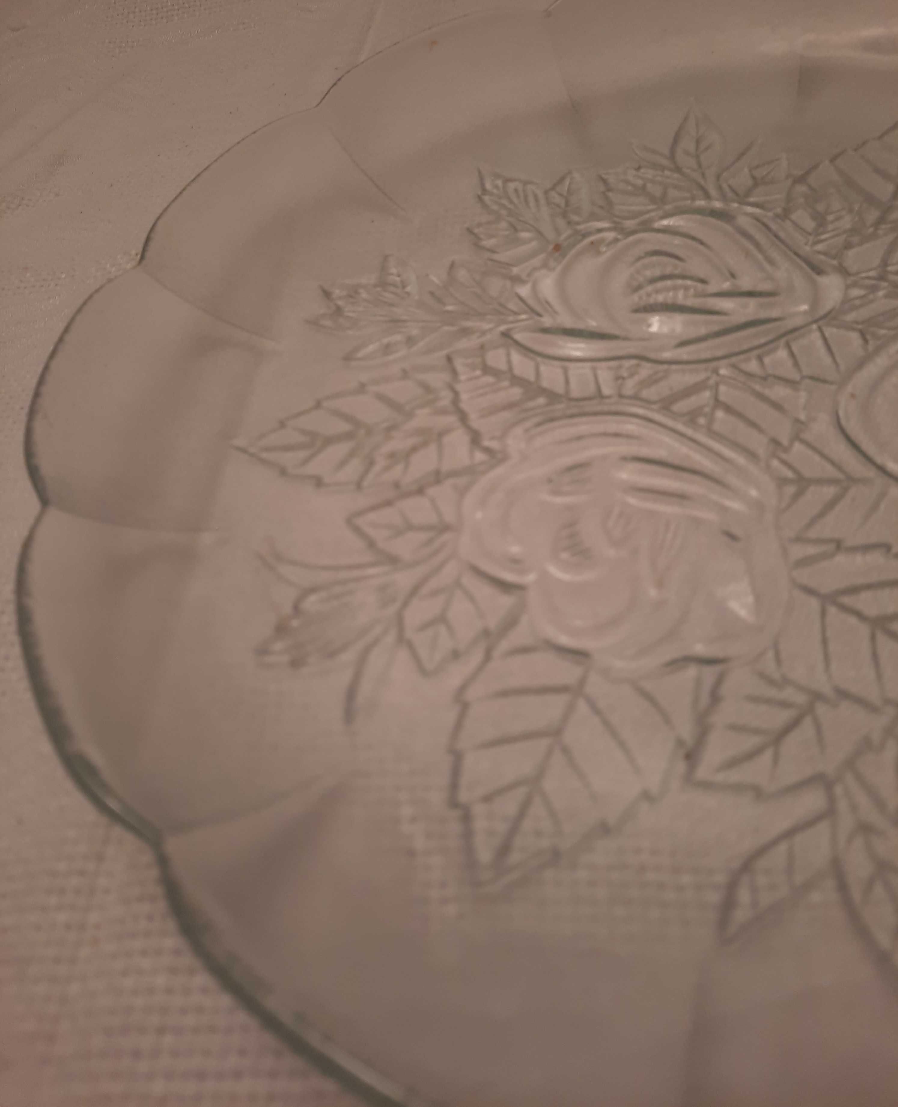 talerz ozdobny, szklany z motywem różanym - przepiękny