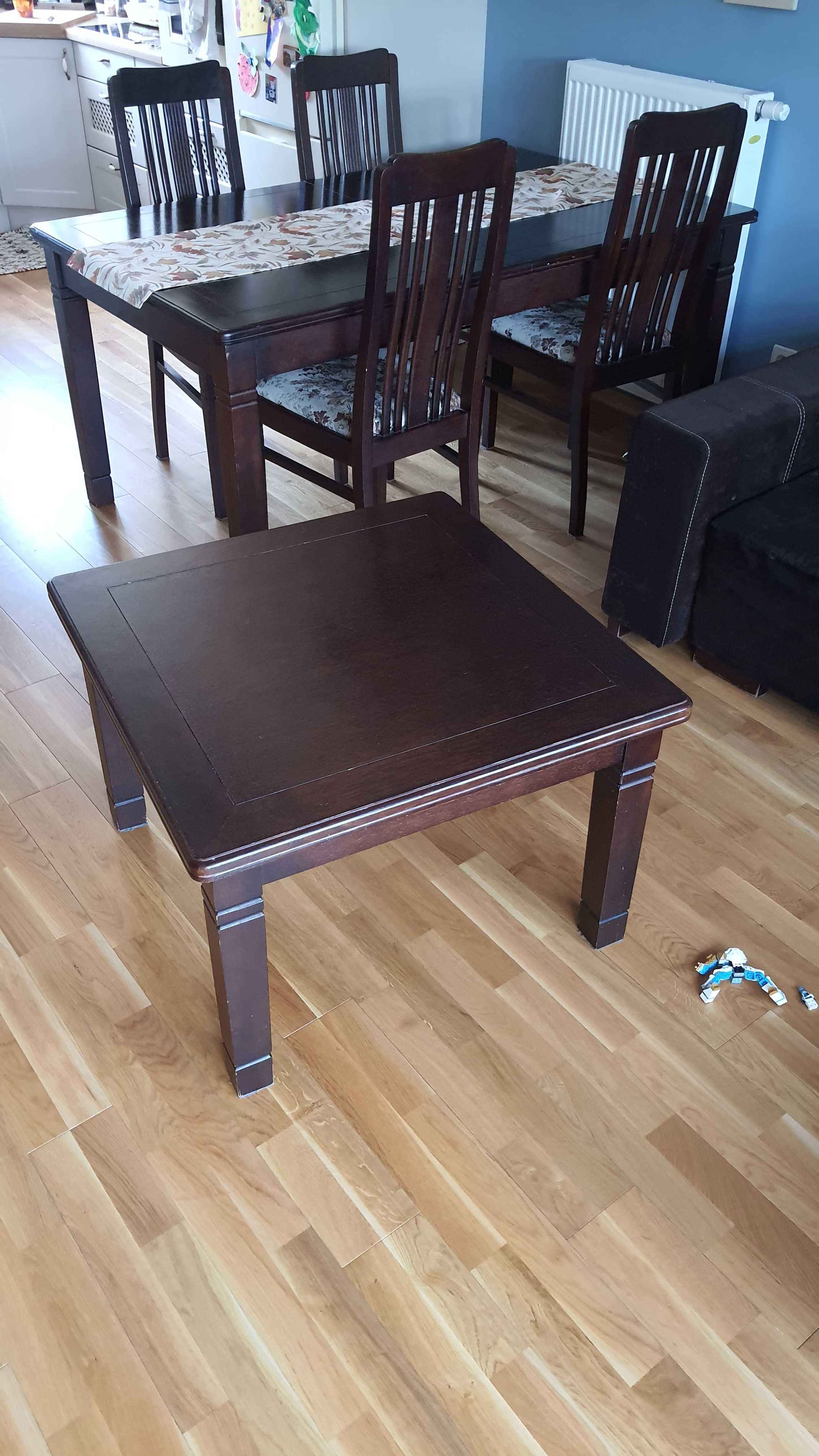 Stół drewniany (dębowy) z krzesłami i stolikiem kawowym