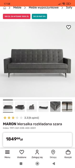 Wersalka szara zamsz / welur