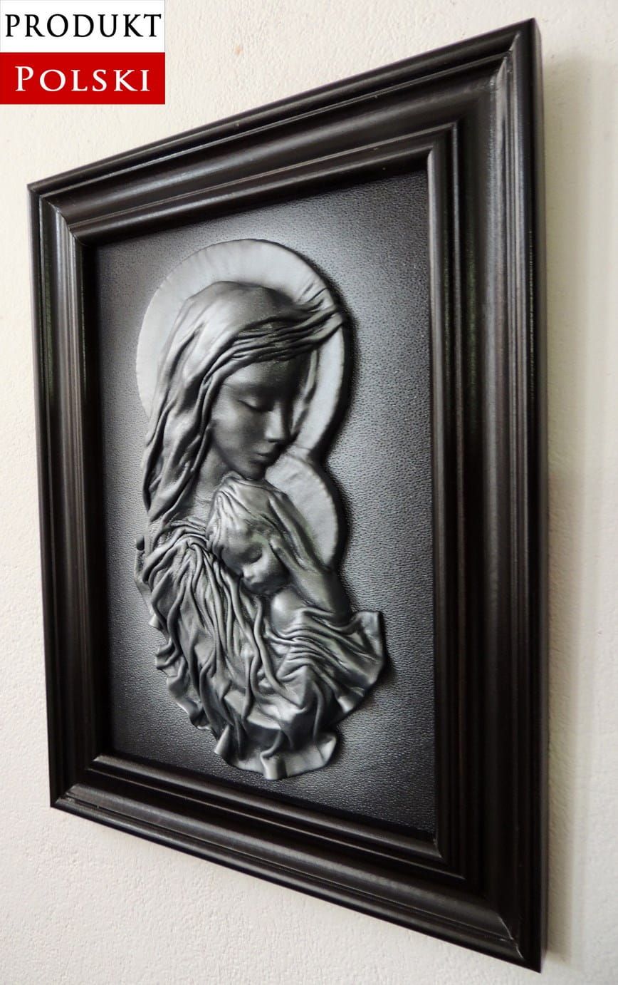 Obraz srebrny Maryja w czarnej drewnianej ramie prezent ślubny CHRZEST