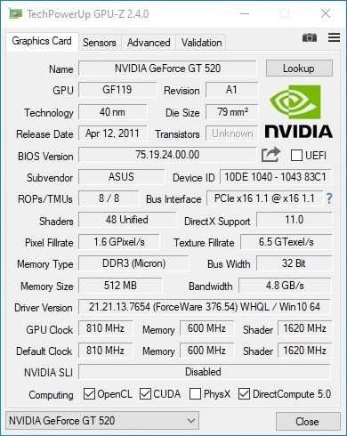 Karta graficzna GeForce GT 520 SILENT 512MB DDR3 PCI-E Asus BOX