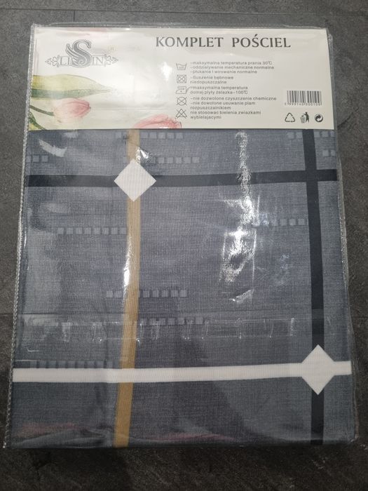 Pościel satynowa krata 160x200 poszewka 70x80 wzór szara