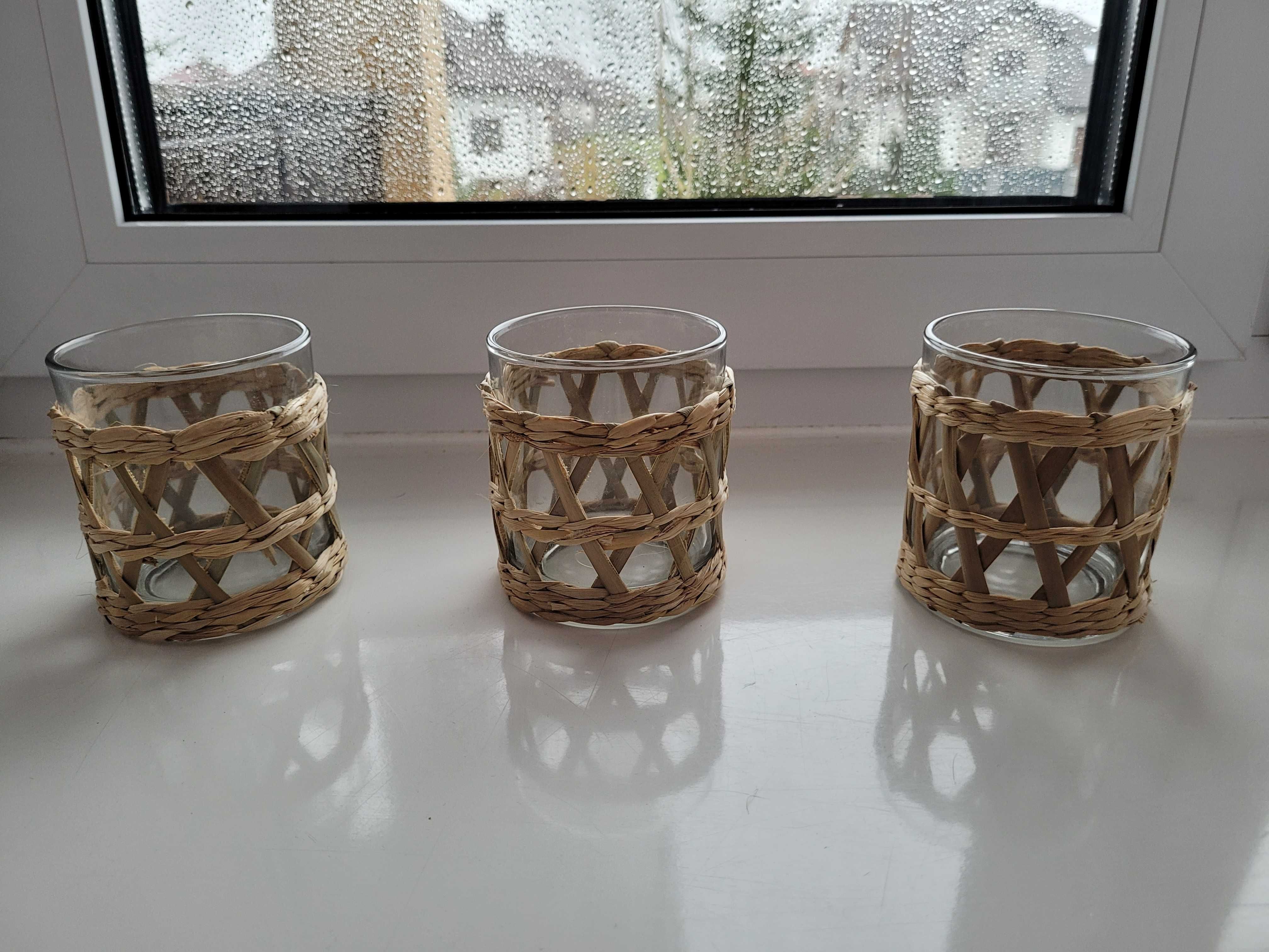 Świeczniki szklane z wikliną 3 szt (wesele, dekoracje)