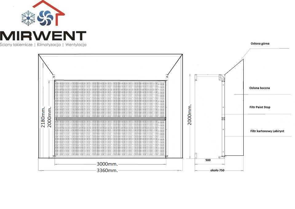 Ściana lakiernicza MIRWENT 3000mm x 2000mm x 500mm (pole robocze)