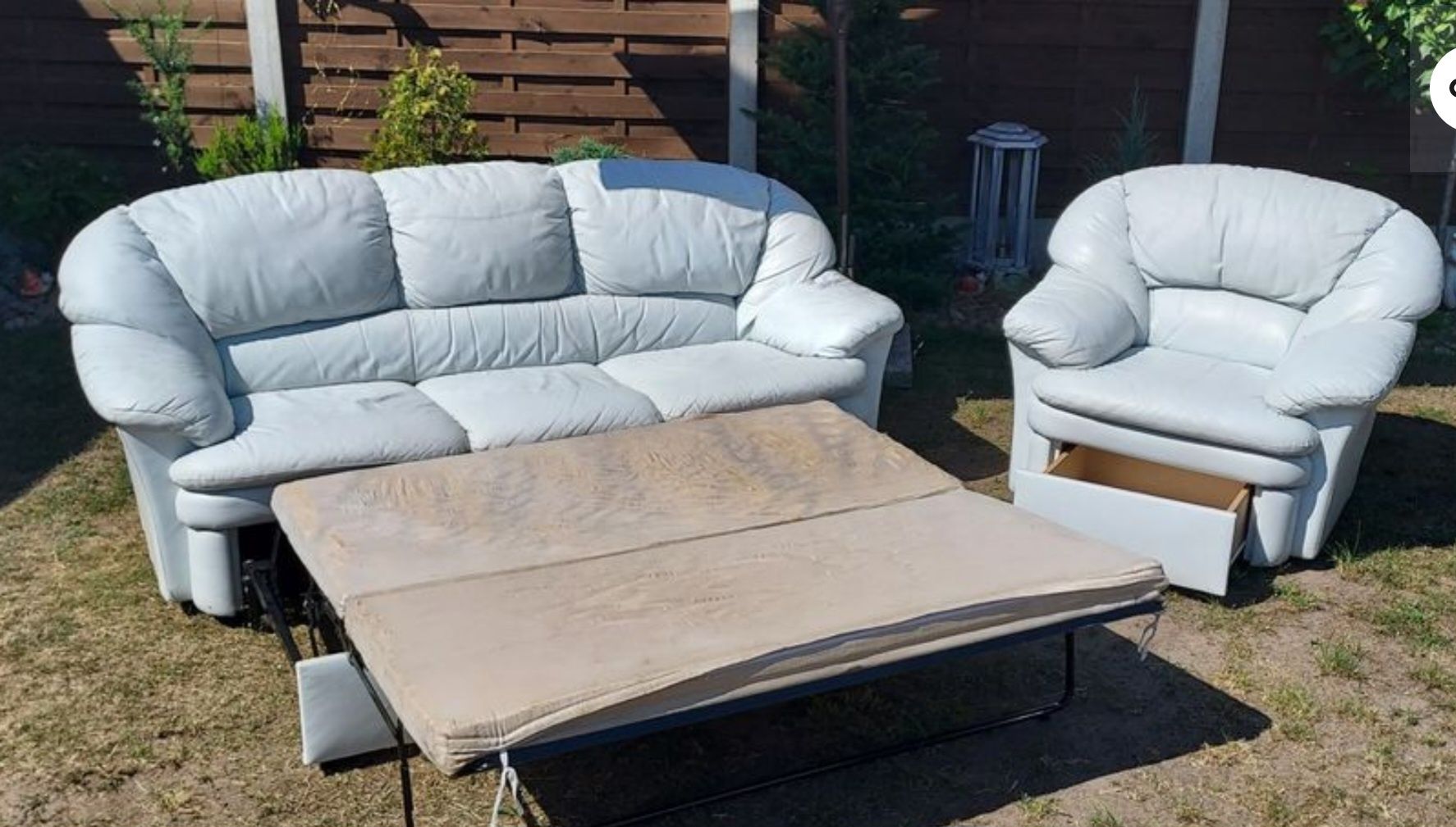 Zestaw skóra naturalna fotel i sofa rozkladana