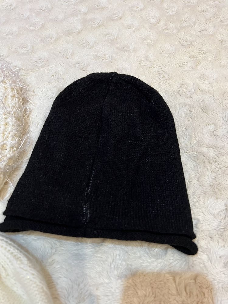 Komplet 3 sztuki czapka damska zimowa biała czarna wełniana ocieplana