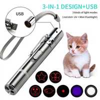 Лазерная указка - игрушка для котов, Фонарик, УФ-свет - USB зарядка