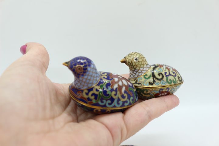 5 Peças Chinesas em Metal Cloisonné Codornizes, Patos e Pássaros