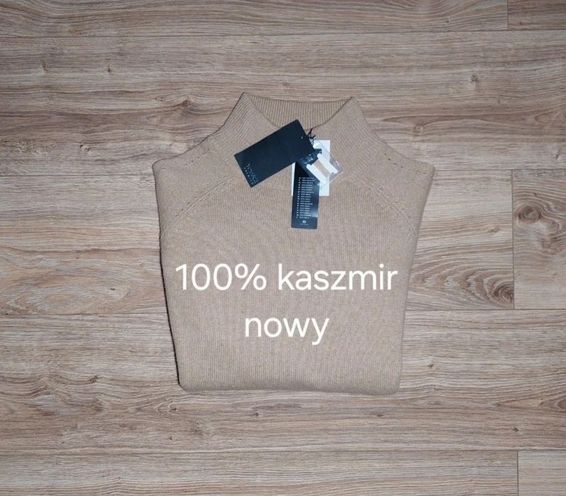 Sweter 100% kaszmir kawa z mlekiem beżowy gruby splot nowy