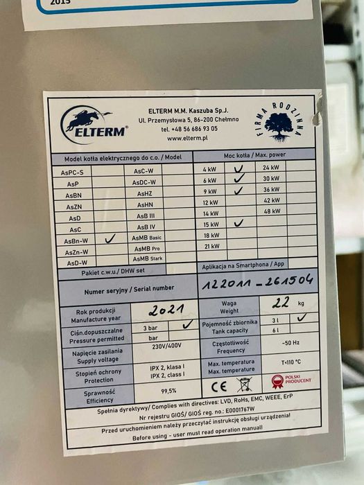 Kocioł elektryczny Elterm Kapitan (AsBN-W) 15kW  (używany 1 sezon)