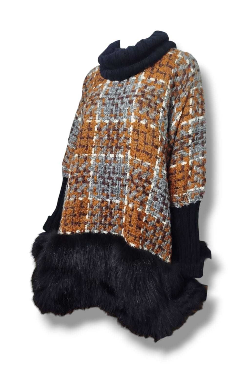 NWT Dolce & Gabbana Tweed Turtle Neck Poncho Real Fur