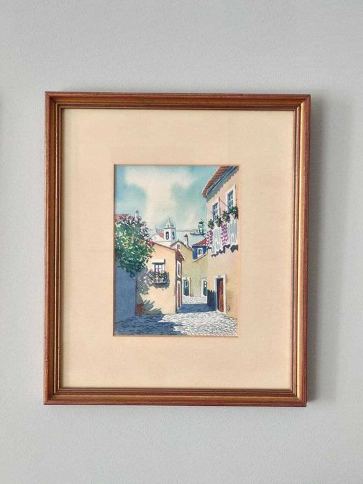 Quadro aguarela original vintage assinada emoldurada, de Lisboa Alfama