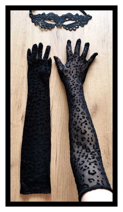 Zestaw: Rękawiczki w panterkę i koronkowa maska (uniwers.) #czarne
