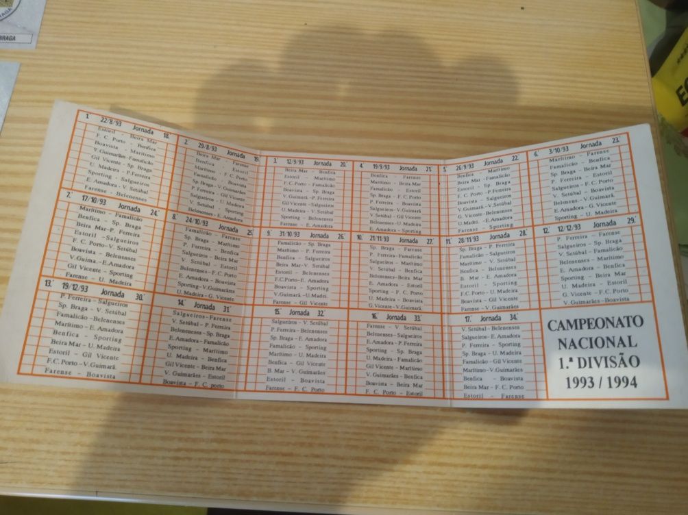 Calendário Benfica do Campeonato Nacional 93-94