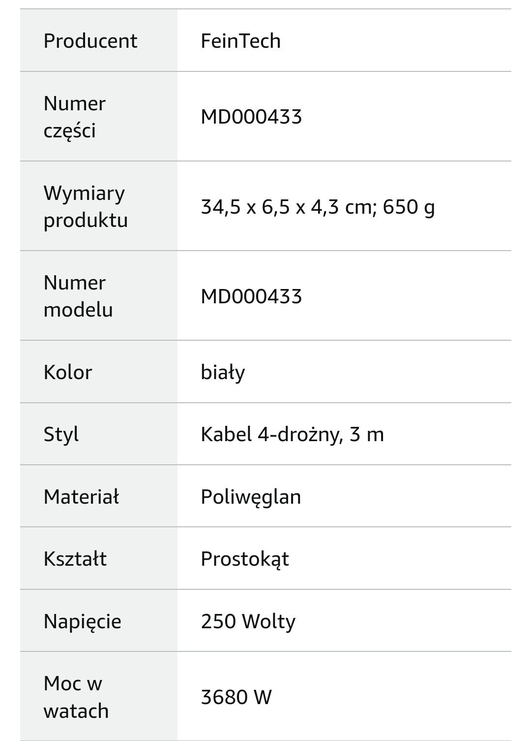 Listwa zasilająca 4-drożna 2xUSB kabel 3m feintech ochrona nowa