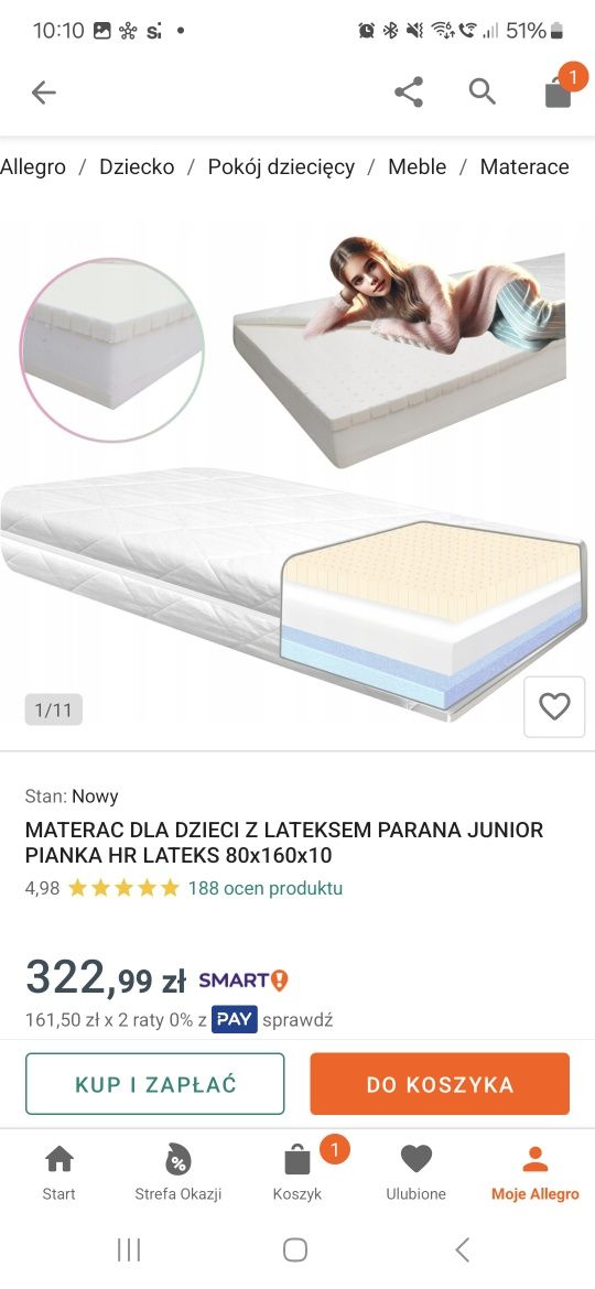Łóżko piętrowe 160 cm plus materac