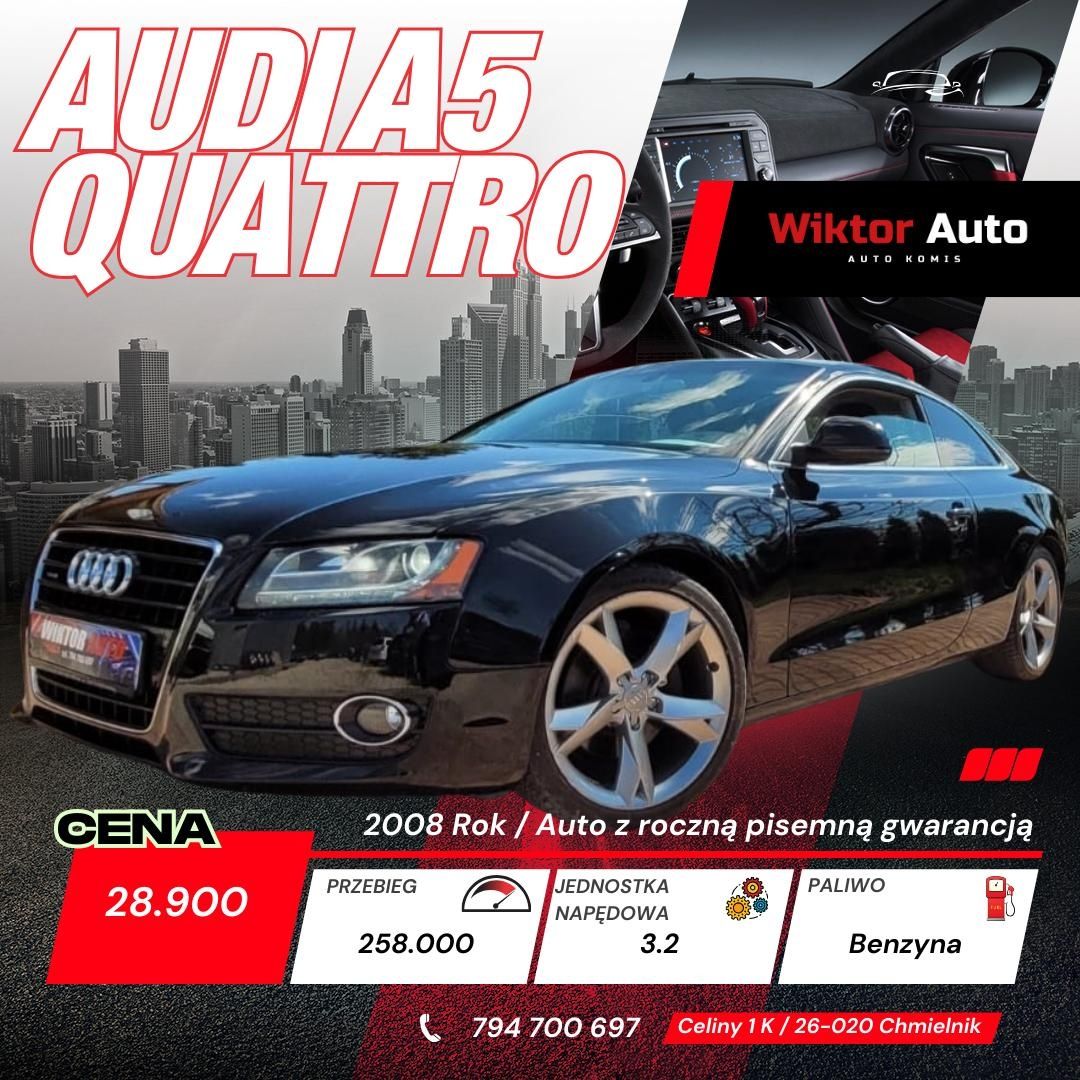 Audi A5*2008 rok*3,2 B*265 KM*Quattro*Po opłatach*Raty