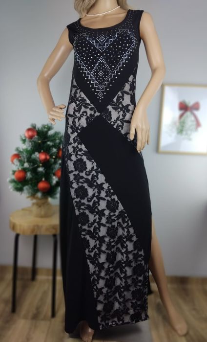 Długa sukienka wieczorowa maxi koronkowa cyrkonie asymetryczna lejąca