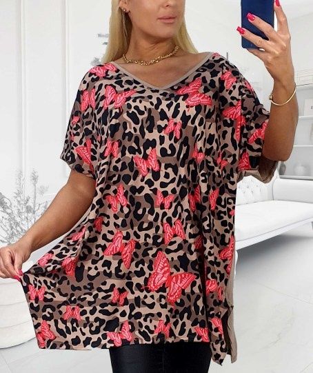 Bluzka, tunika plus size, asymetryczna, dekolt 50/52/54/56 kwiaty