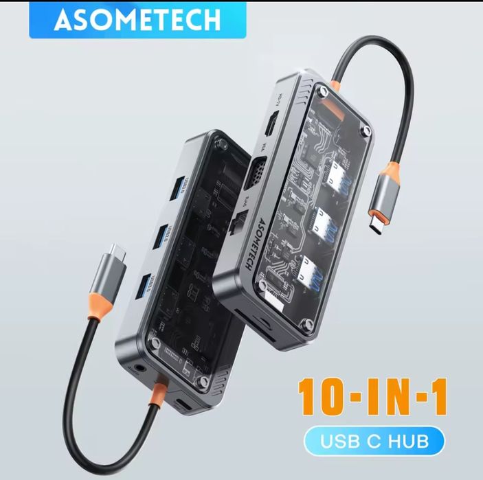 Док станция USB C Hub Asometech SW10V - 10 in 1 VGA  HDMI RJ45 USB