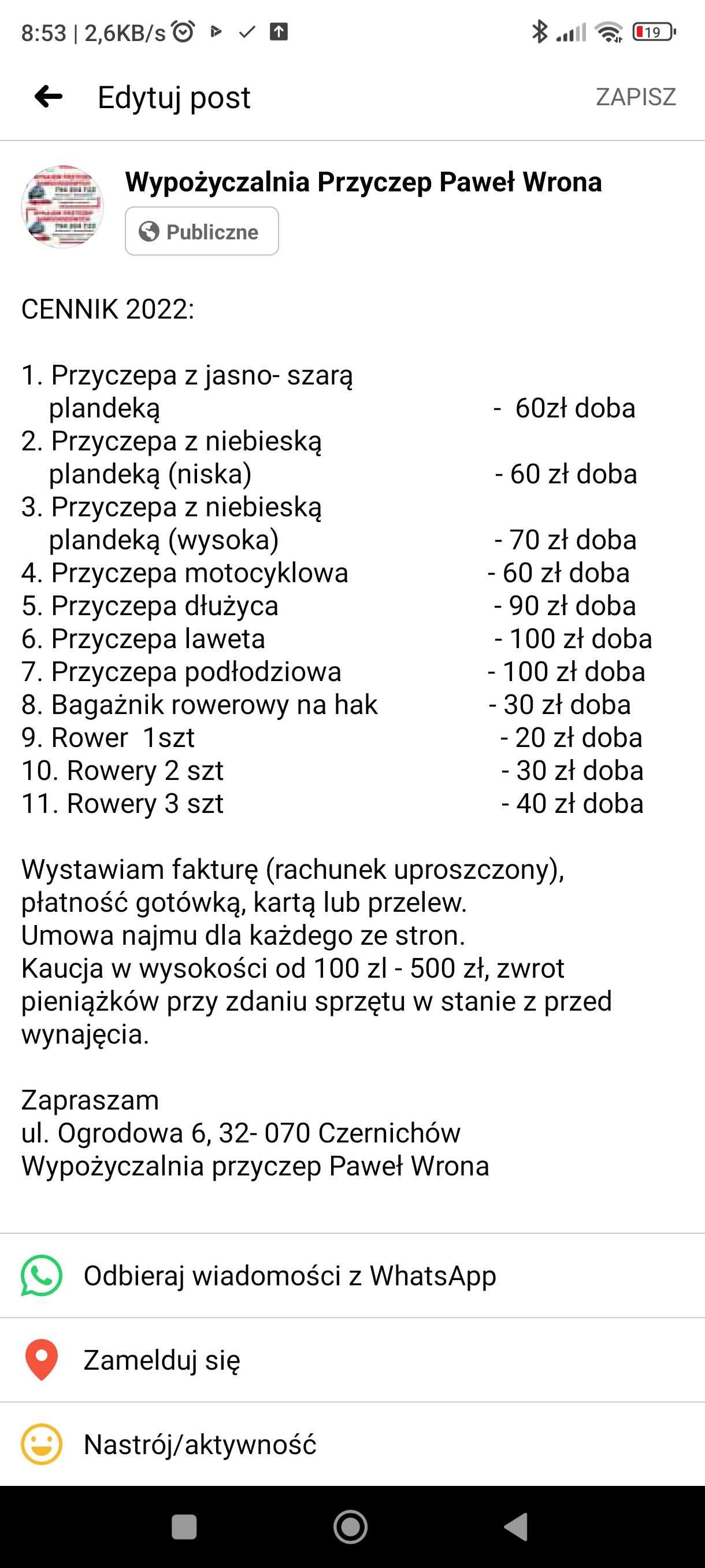 Wynajem przyczep CZERNICHÓW