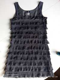 Sukienka grafitowa XS z falbankami krótka na ramiączkach