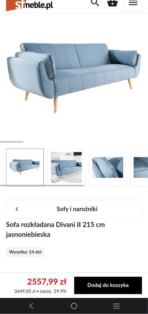 Sofa rozkładana Divani II 215 cm jasnoniebieska
