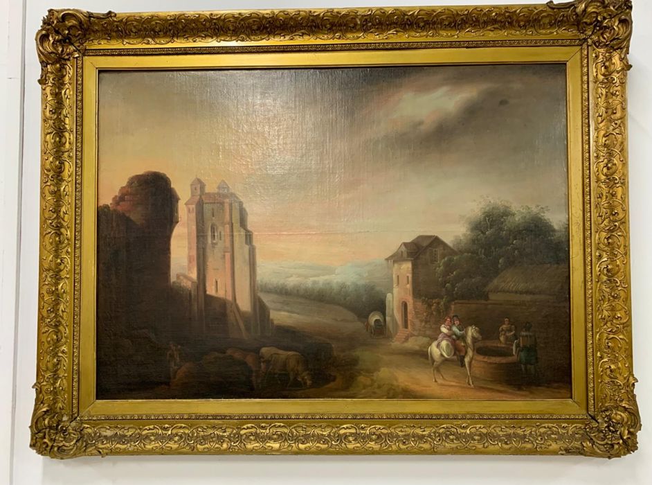 Stary Obraz Olejny 1850 r Malarstwo Francja, Duży Obraz