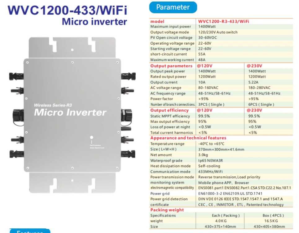 Сетевой инвертор WVC-1200 для солнечных панелей 1200ватт