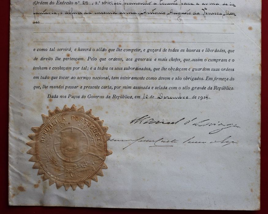 Presidente Manuel de Arriga, 1914, carta patente militar com chancela
