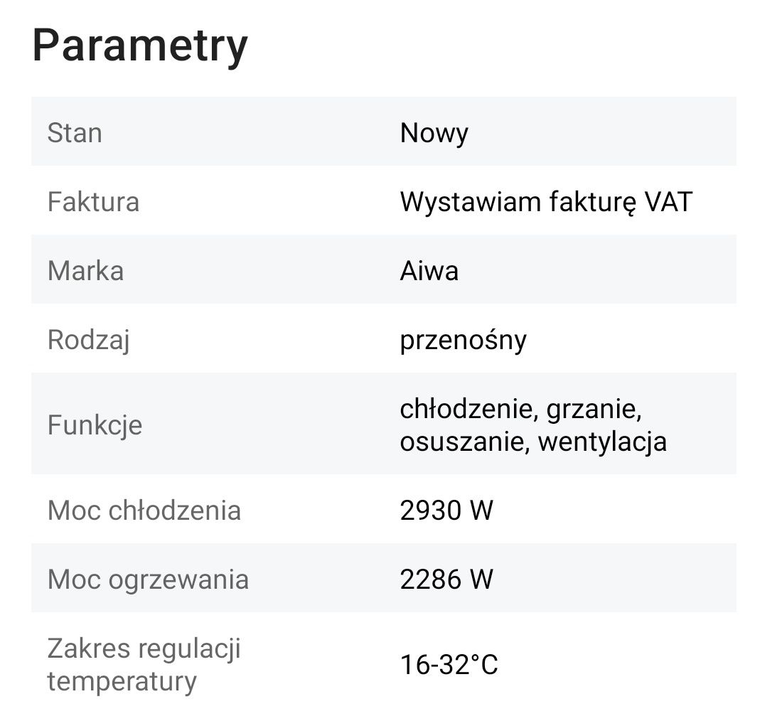 Klimatyzator przenośny Aiwa 3 kW, stan idealny, używany 1 miesiąc