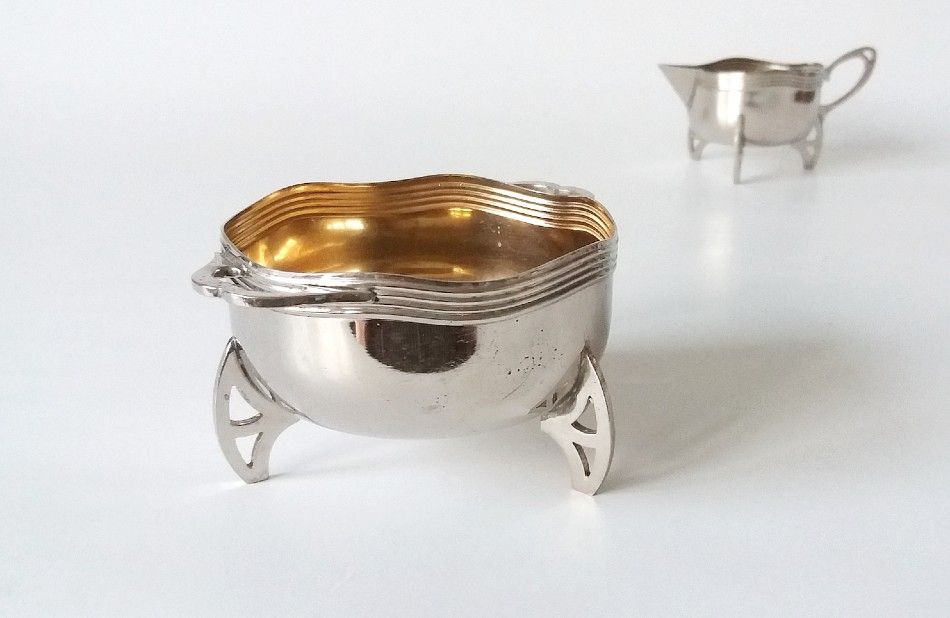 Mlecznik Cukiernica Zestaw środka stołu Art Deco metalowy UNIKAT punca