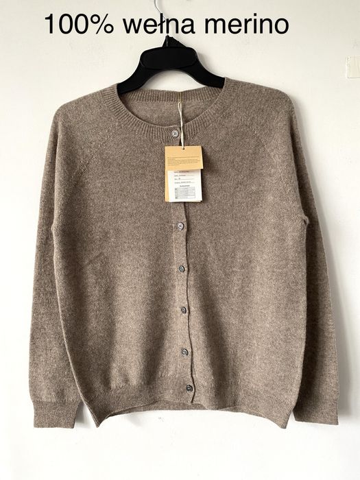 Nowy 100% wełna merino kardigan mokka beżowy merinowool merynos sweter
