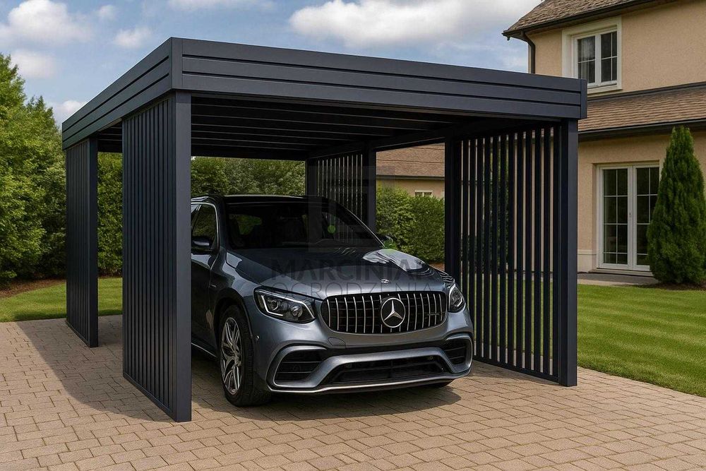 Carport na 1 auto 3x6 RAL 7016 Horyzontal/Pion – zaprojektuj w 3D