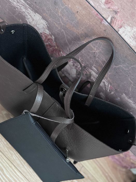 BRĄZOWY shopper z kosmetyczką skóra naturalna Made In Italy