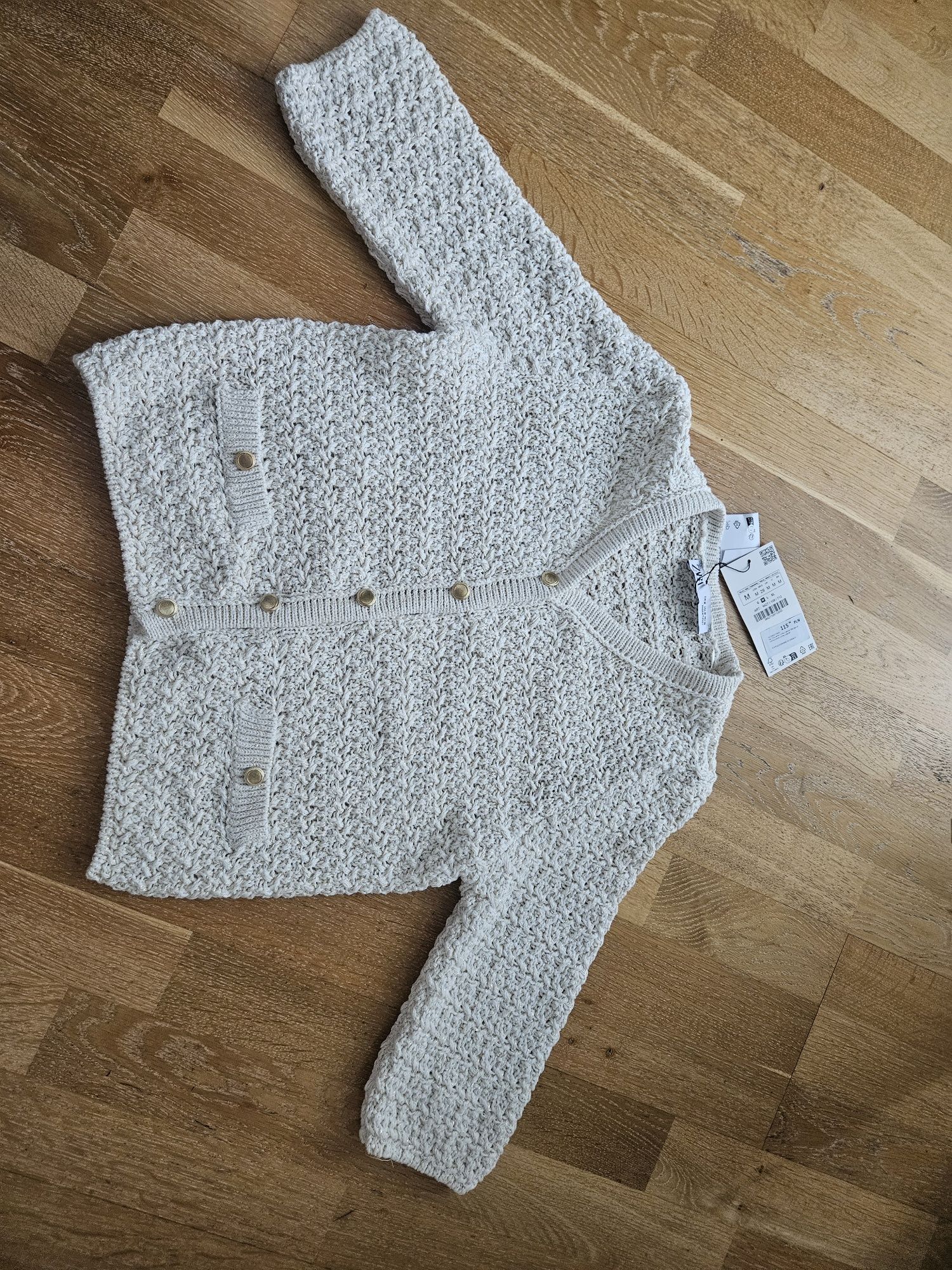 Zara bialy kardigan ze złotą nitką nowy M