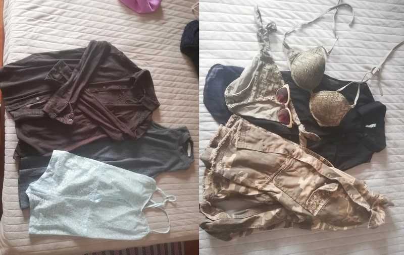 Lote de roupa: camisa, casaco, bikini e óculos de sol