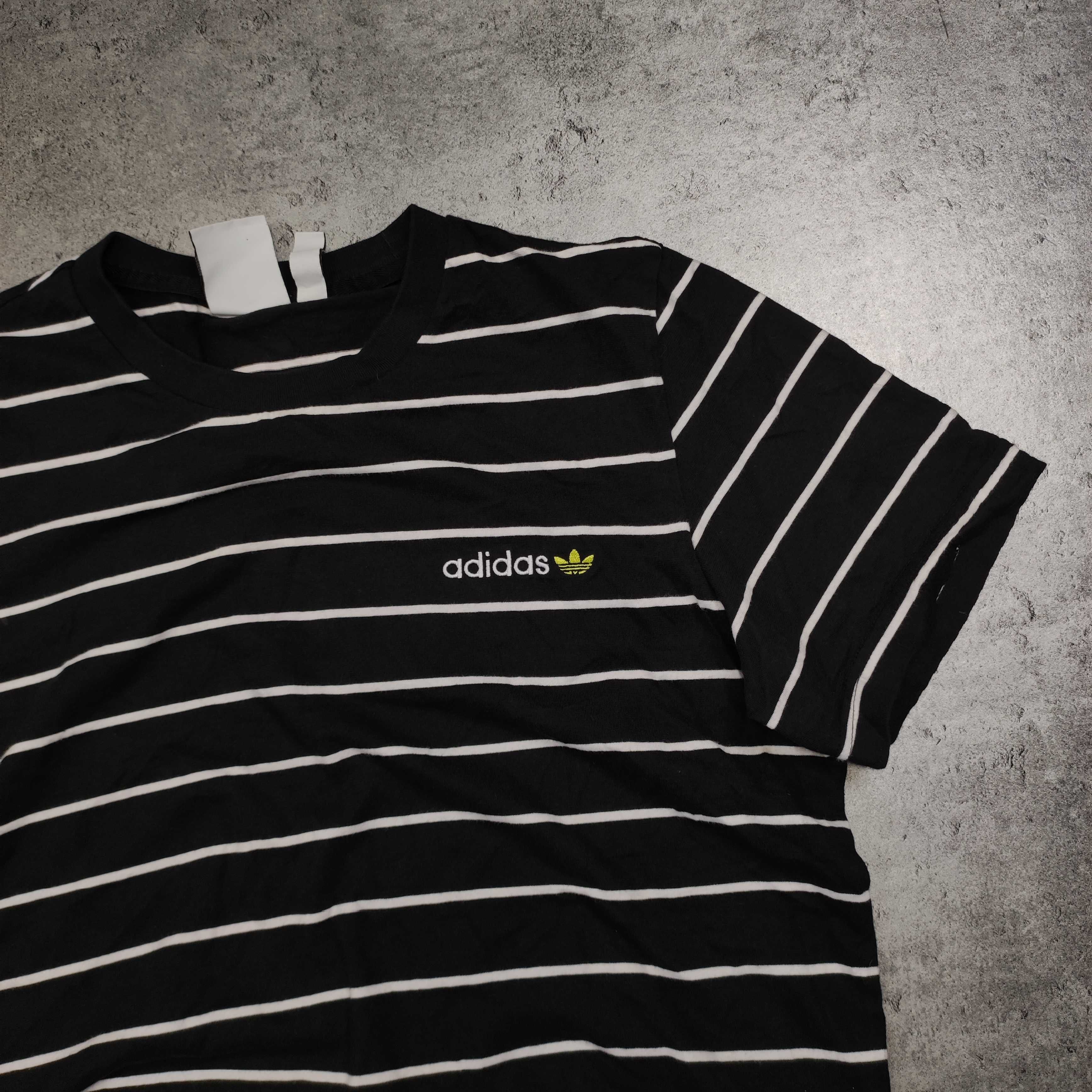 MĘSKA Koszulka Bawełna PREMIUM Czarna w Paski Adidas Haft Logo Casual