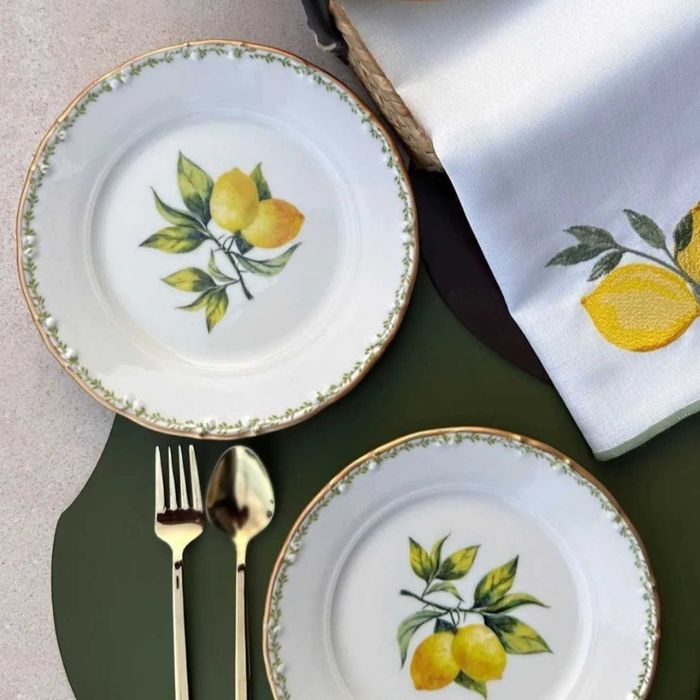 Serviço de pratos em porcelana com padrão limão dourado para 6 pessoas