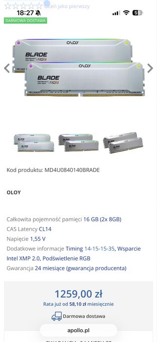Pamięć RAM DDR4 16GB (2x8GB) OLOY Blade Aluminium 4000MHz CL14 RGB