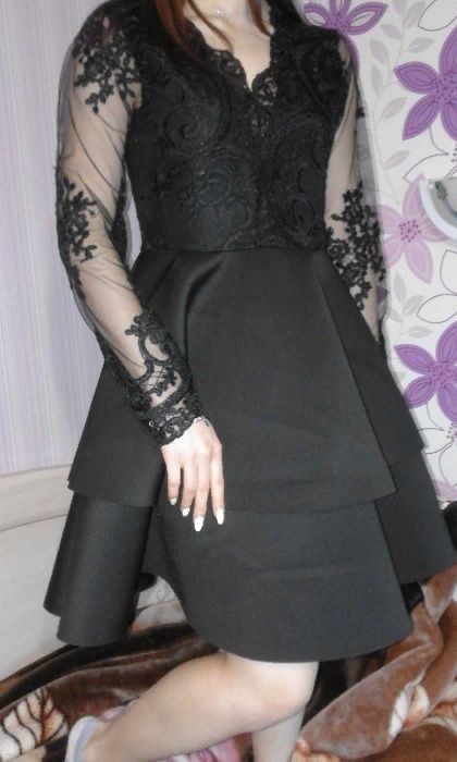 Черное вечернее платье сеточка и кружево многоярусная юбка