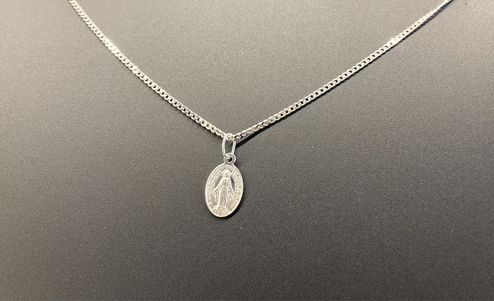 Srebrny komplet łańcuszek pancerka i cudowny medalik p.925 Komunia Św