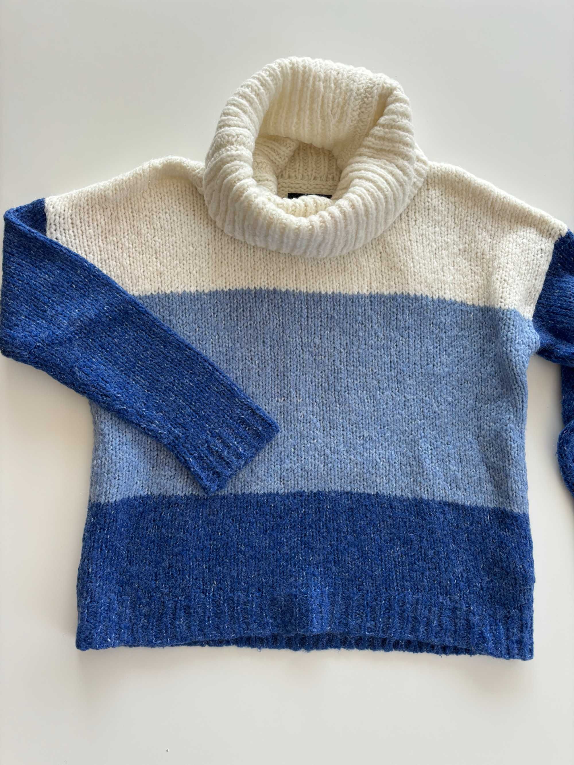 Wełniany sweter oversize w paski Reserved S 36 kremowy niebieski