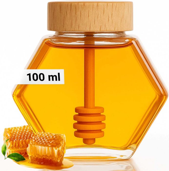 Szklany Słoik na Miód z Pałeczką i Zakrętką Bambusową 100ML