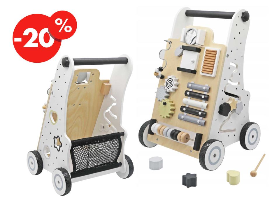 DREWNIANY CHODZIK Dla Dzieci Pchacz Jeździk Edukacyjny Sorter - OKAZJA