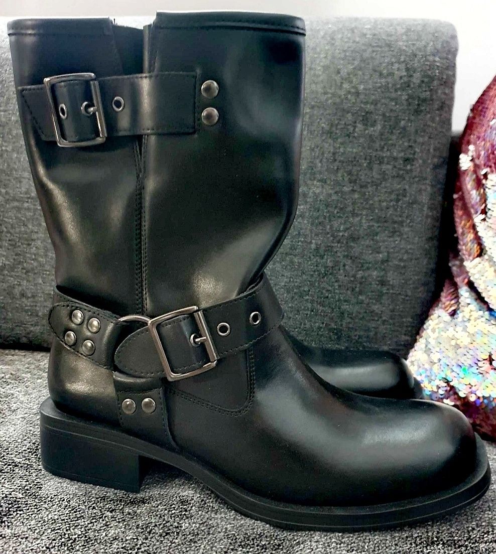 SKÓRZANE! buty Kozaki Botki Bikery SKÓRA NATURALNA! Reserved Premium