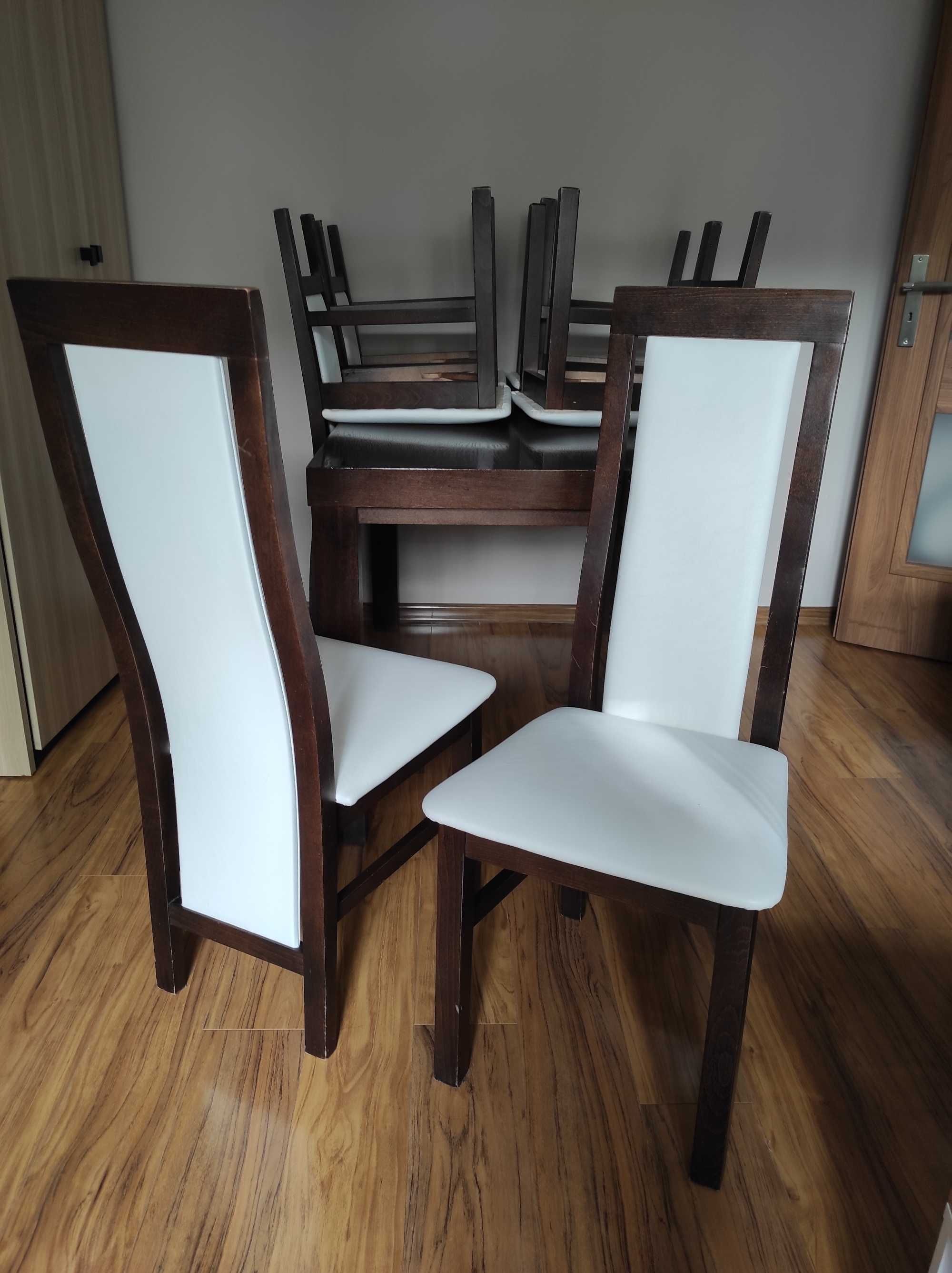 komplet 6 krzeseł drewnianych wenge + biały skaj