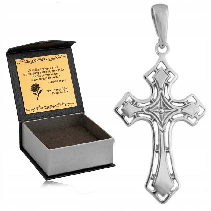 Elegancki Srebrny Męski Duży Krzyż Krzyżyk Srebro 925 + Pudełko Z Graw